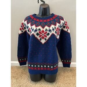 Vintage 1990 Eddie Bauer Sweater Medium 100% Wool Fair Isle Chunky Womens Blue